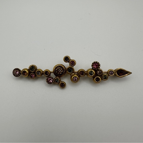 Vintage Patricia Locke Signed Crystal Gemstone Gold Tone Bar Geometric Brooch - Picture 3 of 16